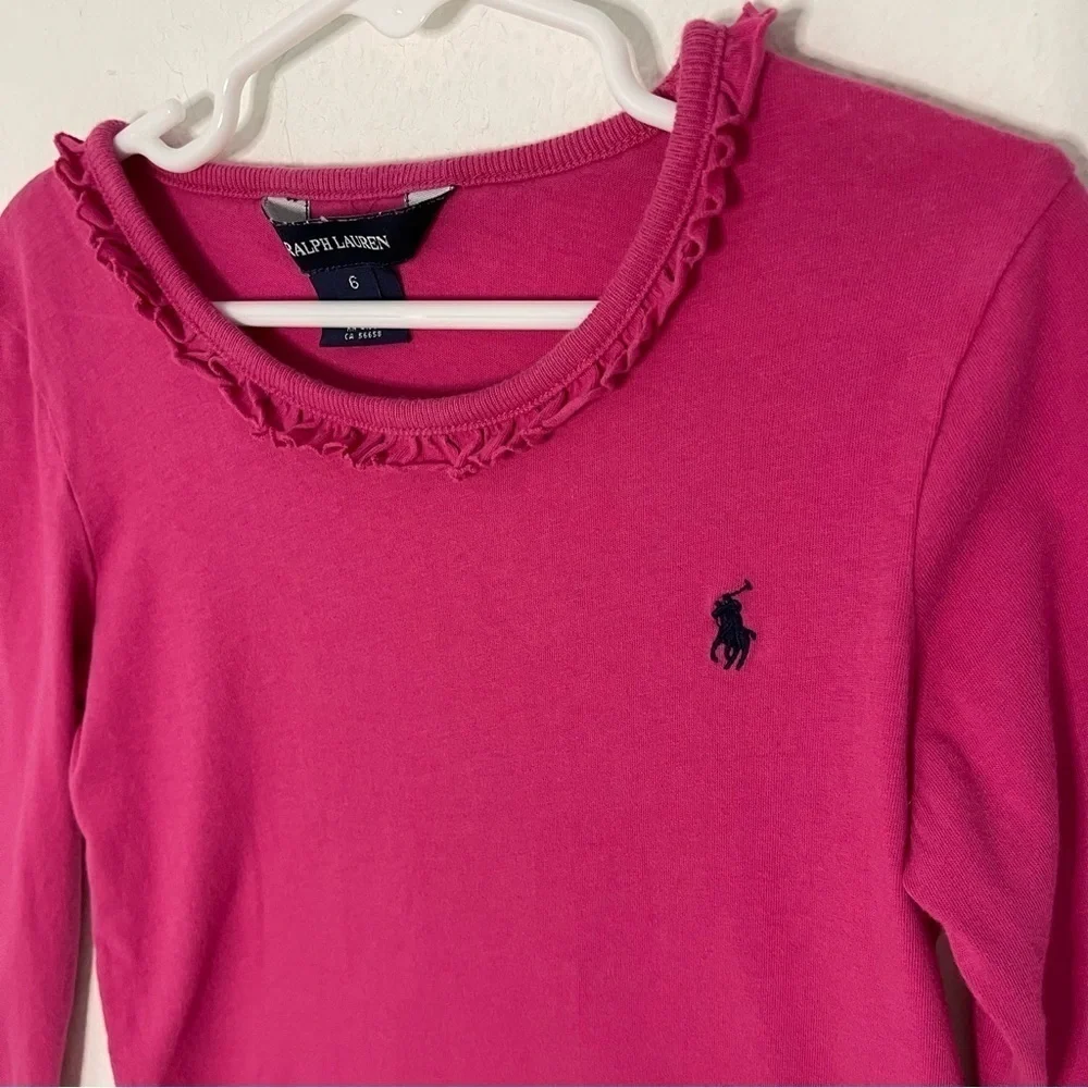 Ralph Lauren girls ruffled neck hot pink long sleeve tshirt size 6